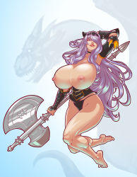 Rule 34 | 1girl, arm up, breasts, breasts out, camilla (fire emblem), fire emblem, fire emblem fates, full body, gigantic breasts, highres, jumping, long hair, looking at viewer, nintendo, nipples, parted lips, purple eyes, purple hair, solo, volupop