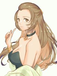 Rule 34 | 1girl, alternate hairstyle, artist name, bare shoulders, bracelet, breasts, brown eyes, choker, cleavage, closed mouth, collarbone, commentary request, fingernails, fire emblem, fire emblem: three houses, hair ornament, index finger raised, jewelry, kh (tanakananataka), light brown hair, lips, long hair, looking at viewer, manuela casagranda, medium breasts, mole, mole under eye, nail polish, nintendo, signature, simple background, solo, strapless, upper body
