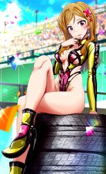 Rule 34 | 1girl, bare legs, boots, breasts, brown hair, commentary request, company connection, confetti, crossed legs, day, earrings, hair ornament, high heel boots, high heels, highleg, highleg leotard, highres, idolmaster, idolmaster million live!, jewelry, large breasts, leotard, long hair, long sleeves, looking at viewer, momose rio, nail polish, namco, new rally-x, outdoors, purple eyes, race queen, rally-x, red nails, ring, run p (aveton), sitting, skindentation, solo, tire