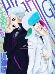 Rule 34 | 2boys, bigbang, bow, bowtie, character name, finger gun, formal, fur hat, g-dragon, hat, highres, jewelry, k-pop, charm (object), male focus, multiple boys, necklace, necktie, ring, smile, suit, t.o.p (bigbang), ushanka, v, white hair, white suit