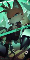 Rule 34 | 1boy, animal ears, animal nose, artist name, banner, blue eyes, commentary, crossed arms, english commentary, fantasy, fox boy, fox ears, frown, furry, furry male, gloves, half-closed eyes, iiimirai, looking at viewer, male focus, mechanical arms, mechanical tentacles, multiple tails, nine (sonic), orange fur, science fiction, short sleeves, shorts, solo, sonic (series), sonic prime, tail, tails (sonic), two-tone fur, two tails, yellow fur