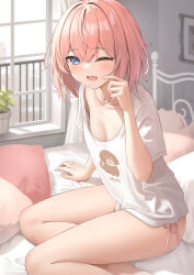 Rule 34 | 1girl, bed, blue eyes, blush, breasts, cleavage, collarbone, commentary request, crossed bangs, highres, indoors, large breasts, looking at viewer, monaka curl, no pants, on bed, one eye closed, open mouth, original, panties, pillow, pink hair, pink panties, plant, potted plant, shirt, short hair, short sleeves, side-tie panties, sitting, solo, thighs, underwear, white shirt, window