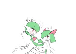 Rule 34 | 2girls, :&gt;, blush, bob cut, closed mouth, colored skin, creatures (company), embarrassed, eye contact, female focus, flat chest, flat color, flying sweatdrops, full-face blush, game freak, gardevoir, gen 3 pokemon, green hair, green skin, hair over one eye, half-closed eyes, happy, height difference, highres, holding hands, japanese text, jitome, kirlia, looking at another, m3 (gardevoir m3), multicolored skin, multiple girls, nervous, nintendo, one eye covered, open mouth, pokemon, pokemon (creature), raised eyebrows, red eyes, short hair, sidelocks, simple background, sitting, sketch, smile, split mouth, standing, sweat, talking, translation request, two-tone skin, wariza, white background, white skin, yuri