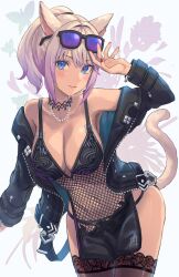 Rule 34 | 1girl, absurdres, animal ears, black jacket, blonde hair, blue eyes, bra, breasts, cat ears, cat girl, cat tail, cleavage, closed mouth, commission, cowboy shot, enporion, eyewear on head, final fantasy, final fantasy xiv, fingernails, fishnets, highres, jacket, jewelry, large breasts, looking at viewer, medium breasts, miqo&#039;te, multicolored hair, nail polish, necklace, original, panties, pearl necklace, ponytail, purple hair, red nails, simple background, skeb commission, smile, solo, streaked hair, sunglasses, tail, thighhighs, underwear, warrior of light (ff14)