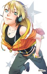 Rule 34 | 1girl, androgynous, blonde hair, hands in pockets, headset, hood, hooded jacket, imone run, jacket, jewelry, necklace, pants, solo, soukaikei non, star-shaped pupils, star (symbol), symbol-shaped pupils, utau