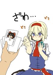 Rule 34 | 1girl, :t, alice margatroid, animated, animated gif, arms up, blonde hair, blue eyes, blush, capelet, card, expressions, face, female focus, hairband, hakurei reimu, happy, holding, holding card, joker (playing card), md5 mismatch, nervous, o/, old maid, outstretched arms, playing card, pout, pov, short hair, smile, solo focus, teardrop, tears, touhou, translation request, uro (urotanc)