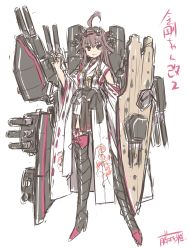Rule 34 | 10s, 1girl, ahoge, battleship, boots, brown hair, cannon, detached sleeves, fujieda miyabi, hairband, high heels, highres, japanese clothes, kantai collection, kongou (kancolle), long hair, military, military vehicle, nontraditional miko, red eyes, ship, skirt, smile, solo, thigh boots, thighhighs, turret, warship, watercraft, wide sleeves