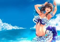 Rule 34 | 1girl, :d, aqua nails, arm garter, armpits, arms up, bare shoulders, belt, black hair, blue eyes, blue panties, blue ribbon, blue sky, blush, breasts, chain, chain necklace, cleavage, cloud, collarbone, cowboy shot, day, groin, hair between eyes, hair ornament, hair ribbon, hairband, heart, heart necklace, highleg, highleg panties, idolmaster, idolmaster cinderella girls, idolmaster cinderella girls starlight stage, jewelry, large breasts, layered skirt, long hair, looking at viewer, miniskirt, nail polish, navel, necklace, nohito, open mouth, outdoors, panties, ribbon, sagisawa fumika, sidelocks, skindentation, skirt, sky, smile, solo, star (symbol), star hair ornament, stomach, toned, underwear, wavy hair, white skirt