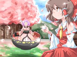 Rule 34 | 2girls, :d, ahoge, ascot, blue sky, blush stickers, bowl, brown eyes, brown hair, cherry blossoms, choko (cup), cup, day, detached sleeves, floating, glint, grass, hair ribbon, hair tubes, hakurei reimu, hanami, hill, in bowl, in container, japanese clothes, kikurage (sugi222), kimono, levitation, light purple hair, looking up, mini person, minigirl, multiple girls, needle, open mouth, petals, ribbon, ribbon-trimmed sleeves, ribbon trim, skirt, skirt set, sky, smile, sukuna shinmyoumaru, touhou, tree