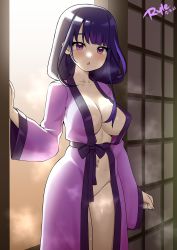 Rule 34 | 1girl, absurdres, artist name, blush, breasts, cleavage, clothing request, collarbone, commentary, dated, english commentary, genshin impact, highres, large breasts, long hair, long sleeves, looking at viewer, mole, mole under eye, nail polish, naked robe, navel, open mouth, purple eyes, purple hair, raiden shogun, robe, ryle, sliding doors, solo, steaming body, sweat, wide sleeves