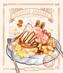 Rule 34 | 2021, banana, banana slice, blush stickers, chocolate syrup, commentary, english commentary, english text, food, food focus, fork, fruit, grapes, highres, ice cream, knife, nao (bestrollever), no humans, open mouth, original, pancake, peach, peach slice, plate, rabbit, smile, souffle pancake, sparkle, stamp mark, still life, strawberry, strawberry slice, whipped cream, white background