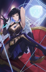Rule 34 | 1girl, absurdres, aqua eyes, arm up, armpits, bare shoulders, black gloves, black hair, blue hair, bracelet, breasts, cleavage, colored inner hair, commentary, dice, elbow gloves, genshin impact, gloves, high heels, highres, jewelry, lan xiezi, large breasts, looking at viewer, mole, mole on breast, multicolored hair, short hair, single glove, sitting, sleeveless, smile, solo, thighs, yelan (genshin impact)