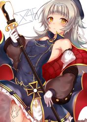 Rule 34 | 1girl, azur lane, bare shoulders, beret, blunt bangs, blush, breasts, closed mouth, cross, dress, gloves, hair ornament, hat, highres, holding, holding sword, holding weapon, iron cross, long hair, looking at viewer, mole, mole under eye, off shoulder, sazamiso rx, sheath, sheathed, sidelocks, signature, silver hair, simple background, small breasts, solo, sword, very long hair, weapon, white background, white gloves, yellow eyes, z46 (azur lane)