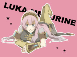 Rule 34 | :d, hayato (meromoni), lying, megurine luka, on stomach, open mouth, smile, solo, thighhighs, vocaloid