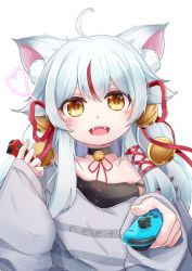 Rule 34 | 1girl, ahoge, animal ears, bell, blush, choker, commission, commissioner upload, controller, fangs, fox ears, game controller, hair bell, hair ornament, handheld game console, highres, holding, holding controller, indie virtual youtuber, joy-con, kamiko kana, long hair, looking at viewer, multicolored hair, neck bell, nintendo switch, open clothes, open mouth, red hair, silver hair, skeb commission, smile, solo, streaked hair, teeth, virtual youtuber, white background