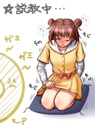 Rule 34 | 1boy, 1girl, anger vein, annoyed, apotea, arrow (symbol), belt, blush, bow, brown hair, collarbone, cushion, double bun, dress, embarrassed, full body, hair bun, hair tie, half-closed eye, have to pee, idolmaster, idolmaster cinderella girls, japanese text, kneeling, layered sleeves, legs together, long sleeves, munakata atsumi, nose blush, one eye closed, open mouth, p-head producer, producer (idolmaster), purple eyes, red bow, seiza, short hair, short over long sleeves, short sleeves, simple background, sitting, solo focus, star (symbol), sweat, translation request, trembling, white background, yellow dress