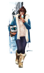 Rule 34 | 1girl, absurdres, alternate hairstyle, artist name, bag, black-framed eyewear, boots, brown hair, character name, coat, denim, eating, fashion, food, full body, fur boots, fur coat, glasses, highres, holding, ice cream, jeans, jewelry, mei (overwatch), monori rogue, overwatch, overwatch 1, pants, ring, short hair, solo, standing, tongue, tongue out