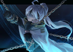 Rule 34 | 1boy, ahoge, black gloves, buttons, cape, chain, chained, choma0215, earpiece, closed eyes, gloves, highres, library of ruina, long hair, long sleeves, ponytail, project moon, solo, spoilers, white cape, white hair, yan vismok
