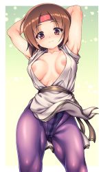 Rule 34 | 1girl, armpits, arms behind head, arms up, belt, breasts, brown eyes, brown hair, collarbone, commentary request, covered navel, from below, gluteal fold, gradient background, green background, groin, head tilt, headband, highleg, highleg panties, highres, legs apart, m.u.g.e.n, muscular, muscular female, nipples, no bra, ohgaki m, open clothes, open shirt, panties, pantyhose, parted bangs, purple pantyhose, ryuuko no ken, shirt, short hair, sleeveless, sleeveless shirt, snk, solo, standing, the king of fighters, thighs, underwear, white background, white panties, white shirt, wind, wind lift, yuri sakazaki