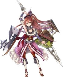 Rule 34 | 1girl, architecture, breasts, brown hair, castle, cleavage, east asian architecture, full body, holding, holding polearm, holding spear, holding weapon, iwamura (oshiro project), large breasts, looking at viewer, official art, oshiro project:re, oshiro project:re, polearm, ponytail, red thighhighs, sandals, solo, spear, taicho128, thighhighs, transparent background, weapon, yellow eyes