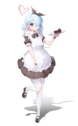 Rule 34 | absurdres, alternate costume, apron, arona (blue archive), black bow, black footwear, black skirt, blue archive, blue eyes, blue hair, blush, bow, braid, cake, cake slice, closed mouth, collared shirt, colored inner hair, commentary, english commentary, enmaided, food, frilled apron, frills, full body, hair over one eye, halo, heart, heart halo, highres, holding, holding tray, looking at viewer, maid, maid apron, mary janes, multicolored hair, one eye covered, pantyhose, pink hair, pleated skirt, puffy short sleeves, puffy sleeves, shirt, shoes, short hair, short sleeves, simple background, single braid, skirt, smile, standing, standing on one leg, taiyaki12, tray, twitter username, white apron, white background, white pantyhose, wrist cuffs