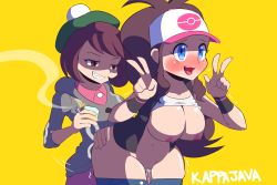Rule 34 | 1futa, 1girl, blue eyes, blush, breasts, brown eyes, brown hair, cleft of venus, clothed sex, creatures (company), futa with female, futanari, game freak, gloria (pokemon), hat, highres, hilda (pokemon), kappajava, large breasts, long hair, multiple girls, nintendo, nipples, open mouth, pokemon, pokemon bw, pokemon swsh, pussy, sex, sex from behind, short hair, shorts, thick thighs, thighs, v, vaginal, yellow background