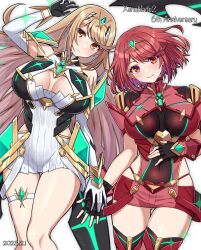 Rule 34 | 2girls, blonde hair, breasts, highres, large breasts, multiple girls, mythra (xenoblade), pyra (xenoblade), red eyes, red hair, shinae, xenoblade chronicles (series), xenoblade chronicles 2, yellow eyes