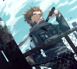 Rule 34 | 1boy, aged down, badge, black pants, blue eyes, blue jacket, blue sky, breast pocket, brown hair, chain-link fence, closed mouth, cowboy shot, day, dutch angle, fence, floating scarf, gloves, hair slicked back, hand in pocket, hand up, highres, holding, holding weapon, jacket, jin yuuichi, light smile, looking to the side, male focus, morita yuu, outdoors, pants, pocket, scarf, short hair, sky, smile, solo, uniform, utility pole, weapon, white gloves, white scarf, wind, world trigger