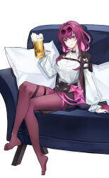Rule 34 | 1girl, absurdres, arm support, beer mug, black shorts, breasts, commentary request, couch, cup, feet, hand up, highres, holding, holding cup, honkai: star rail, honkai (series), kafka (honkai: star rail), large breasts, long sleeves, mug, mz-mozi, no shoes, pantyhose, purple pantyhose, round eyewear, shirt, short shorts, shorts, simple background, sitting, solo, sunglasses, thigh strap, thighs, toes, white background, white shirt