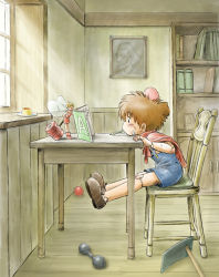 Rule 34 | 1boy, 1girl, ball, bandaid, bandaid on face, blonde hair, blush, book, bookshelf, brown hair, bruise, cape, chair, desk, dr. geppetto, dress, dumbbell, fairy, fairy wings, food, hairband, hammer, head bump, hoe, indoors, injury, mallet, mitsui jun, mouth hold, overalls, pencil, pino (wonder project), portrait, portrait (object), pudding, shoes, short hair, table, teacher and student, tinker (wonder project), window, wings, wonder project j, wonder project j2, worktool