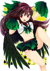 Rule 34 | 1girl, adapted costume, bird wings, black wings, blush, bow, breasts, brown hair, cheerleader, commentary request, crop top, feet out of frame, frilled skirt, frills, green bow, green skirt, hair bow, highres, holding, holding pom poms, large breasts, leg up, long hair, looking at viewer, medium bangs, midriff, mikomo0106, miniskirt, navel, open mouth, outline, pleated skirt, pom pom (cheerleading), pom poms, red eyes, reiuji utsuho, round teeth, shirt, skirt, sleeveless, sleeveless shirt, smile, solo, star (symbol), teeth, third eye, touhou, underboob, upper teeth only, white background, white outline, white shirt, wings, yellow background