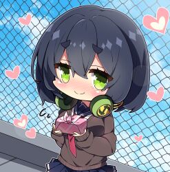 Rule 34 | 1girl, absurdres, black hair, black sailor collar, black skirt, blue sky, blush, brown sweater, chain-link fence, chibi, closed mouth, cloud, commentary request, day, fence, green eyes, hair between eyes, headphones, headphones around neck, heart, highres, holding, kyoumachi seika, long sleeves, milkpanda, necktie, nose blush, outdoors, pleated skirt, puffy long sleeves, puffy sleeves, red necktie, sailor collar, shirt, short eyebrows, skirt, sky, sleeves past wrists, smile, solo, sweater, thick eyebrows, voiceroid, white shirt, wrapped bento