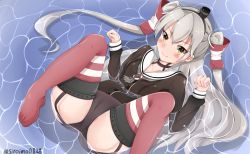 Rule 34 | 10s, 1girl, amatsukaze (kancolle), black panties, choker, destroyer, hair tubes, kantai collection, long hair, long sleeves, looking at viewer, lying, military, military vehicle, no shoes, on back, panties, paw pose, red thighhighs, school uniform, ship, silver hair, siroimo0828, smile, solo, thighhighs, twintails, twitter username, two side up, underwear, warship, water, watercraft, yellow eyes