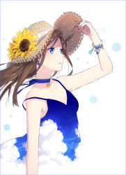 Rule 34 | 1girl, arm at side, arm up, bare arms, bare shoulders, bead bracelet, beads, blue dress, blue nails, blue neckwear, blue sky, bracelet, breasts, brown hair, choker, cleavage, dress, earrings, fingernails, flower, from side, hakusai (tiahszld), hand on headwear, hat, hat flower, highres, jewelry, long hair, looking to the side, nail polish, necklace, open mouth, original, sky, sleeveless, sleeveless dress, solo, starfish earrings, strap slip, straw hat, sun hat, sunflower, upper body, white background