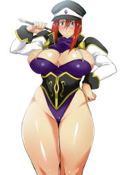 Rule 34 | 1girl, adapted costume, akikusa peperon, blue eyes, blush, breasts, cleavage, curvy, forte stollen, galaxy angel, hat, highleg, highleg leotard, highres, large breasts, leotard, looking at viewer, monocle, red hair, short hair, simple background, smile, solo, standing, thick thighs, thighs, white background, wide hips