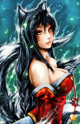 Rule 34 | 1girl, ahri (league of legends), alternate hair color, animal ears, bare shoulders, black hair, breasts, cleavage, detached sleeves, facial mark, fox ears, fox tail, korean clothes, large breasts, league of legends, lips, long hair, multiple tails, slit pupils, solo, tail, whisker markings, yellow eyes