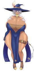 Rule 34 | 1girl, animal ears, animal print, artist name, belt, blue dress, breasts, cleavage, collar, condom, cow ears, cow girl, cow horns, cow print, cow tail, cowbell, crysnickel, curvy, dark-skinned female, dark skin, dress, earrings, ears down, eye of horus, eyelashes, feathers, female focus, full body, gigantic breasts, grey eyes, hair between eyes, hat, hat feather, highres, horns, impossible clothes, jewelry, leg belt, legs, loincloth, looking at viewer, mole, mole on breast, moon print, navel, no bra, no panties, original, shiny clothes, shiny skin, short hair, smile, solo, sun print, tail, thick thighs, thighs, white background, wide hips, witch hat, yellow eyes