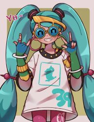 Rule 34 | 1girl, 39, ^ ^, blue-tinted eyewear, blush, border, bracelet, closed eyes, creatures (company), facing viewer, fingerless gloves, game freak, gloves, green background, green hair, grin, hands up, hatsune miku, highres, jewelry, kopeniko, long hair, multicolored clothes, multicolored gloves, nintendo, normal miku (project voltage), outside border, pants, pink pants, pokemon, project voltage, ring, shirt, smile, solo, sunglasses, teeth, tinted eyewear, twintails, vocaloid, white border, white shirt, yellow-framed eyewear