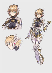 Rule 34 | 1girl, blonde hair, breasts, closed mouth, cyborg, fiora (xenoblade), full body, green eyes, inoue takuya (tactactak), looking at viewer, mecha-fiora, medium breasts, short hair, simple background, solo, upper body, white background, xenoblade chronicles (series), xenoblade chronicles 1