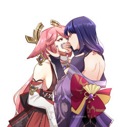 Rule 34 | 2girls, bridal gauntlets, covering another&#039;s mouth, earrings, eye contact, genshin impact, gold earrings, hair over shoulder, hand over another&#039;s mouth, highres, jewelry, jhorliearts, looking at another, multiple girls, nail polish, pink hair, purple eyes, purple hair, purple nails, raiden shogun, twitter username, yae miko