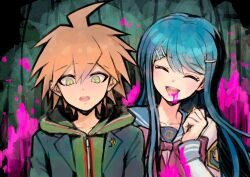 Rule 34 | 1boy, 1girl, :d, black jacket, blood, blood from mouth, blue sailor collar, brown hair, closed eyes, collarbone, danganronpa: trigger happy havoc, danganronpa (series), green hair, green hoodie, green jacket, green sailor collar, hair ornament, hairclip, highres, hood, hood down, hoodie, jacket, long hair, long sleeves, maizono sayaka, multicolored background, naegi makoto, open clothes, open jacket, open mouth, pink blood, sailor collar, short hair, smile, teeth, upper teeth only, youko-shima