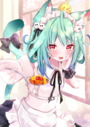 Rule 34 | 1girl, ahoge, animal ears, apron, bandaid, bandaids on nipples, cat ears, cat tail, feeding, food, gradient hair, green hair, hand on own face, hololive, looking at viewer, maid, maid apron, maid headdress, moizumi shipon, multicolored hair, open mouth, pasties, piyoko (uruha rushia), pom pom (clothes), red eyes, solo, spoon, tail, uruha rushia, virtual youtuber, wrist cuffs