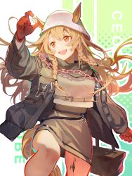 Rule 34 | 1girl, animal ears, arknights, blush, braid, brown hair, ceobe (arknights), ceobe (unfettered) (arknights), clay (clayjun), dog ears, dog girl, dog tail, dress, ears through headwear, fang, gloves, highres, jacket, long hair, material growth, official alternate costume, open clothes, open jacket, oripathy lesion (arknights), red eyes, red gloves, short dress, solo, tail, twin braids