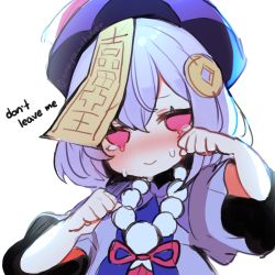 Rule 34 | 1girl, amaya vtuber, bead necklace, beads, coin hair ornament, crying, genshin impact, hair ornament, hat, highres, jewelry, jiangshi, necklace, pink eyes, purple hair, qingdai guanmao, qiqi (genshin impact), solo, white background