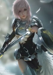 Rule 34 | 1girl, armor, armpits, artist name, black gloves, breastplate, breasts, cowboy shot, elbow gloves, feathers, final fantasy, final fantasy xiii, gloves, holding, holding sword, holding weapon, leather suit, lightning farron, long hair, looking away, parted bangs, pelvic curtain, pink hair, raikoart, realistic, shield, shoulder armor, solo, standing, sword, thighhighs, vambraces, weapon, white thighhighs