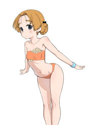 Rule 34 | 10s, 1girl, bare shoulders, bikini, black bow, blue eyes, bow, braid, breasts, closed mouth, girls und panzer, hair bow, leaning forward, light frown, looking at viewer, orange bikini, orange hair, orange pekoe (girls und panzer), short hair, simple background, small breasts, solo, standing, strapless, strapless bikini, swimsuit, twin braids, wata do chinkuru, white background, wristband