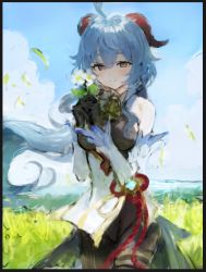 Rule 34 | 1girl, ahoge, bare shoulders, bell, black gloves, blue hair, breasts, closed mouth, cowbell, daisy, detached sleeves, dress, feet out of frame, flower, flower pot, ganyu (genshin impact), genshin impact, gloves, hair between eyes, holding, holding flower pot, holding pot, horns, kneeling, long hair, looking at viewer, medium breasts, pot, purple eyes, red ribbon, ribbon, smile, solo, sonchi, very long hair, white dress, white flower