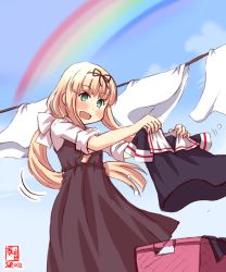 Rule 34 | 1girl, alternate costume, alternate hairstyle, artist logo, black ribbon, blonde hair, blue sky, blush, clothesline, cloud, commentary request, cowboy shot, dated, day, green eyes, hair ribbon, highres, holding, holding clothes, kanon (kurogane knights), kantai collection, laundry, laundry basket, long hair, looking at viewer, low twintails, outdoors, rainbow, ribbon, sky, solo, standing, straight hair, twintails, white background, yuudachi (kancolle)