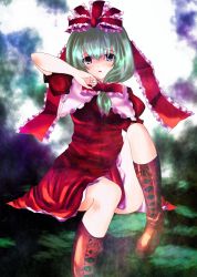 Rule 34 | 1girl, boots, bow, breasts, cross-laced footwear, dress, female focus, frills, front ponytail, green eyes, green hair, hair ornament, hair ribbon, highres, kagiyama hina, lace-up boots, long hair, looking at viewer, matching hair/eyes, open mouth, red dress, ribbon, sitting, small breasts, solo, totolarc, touhou