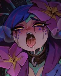Rule 34 | 1girl, :o, collar, colored skin, flower, hair flower, hair ornament, half-closed eyes, league of legends, metal collar, multicolored hair, neeko (league of legends), open mouth, pink flower, reagan long, saliva, sexually suggestive, solo, tongue, tongue out